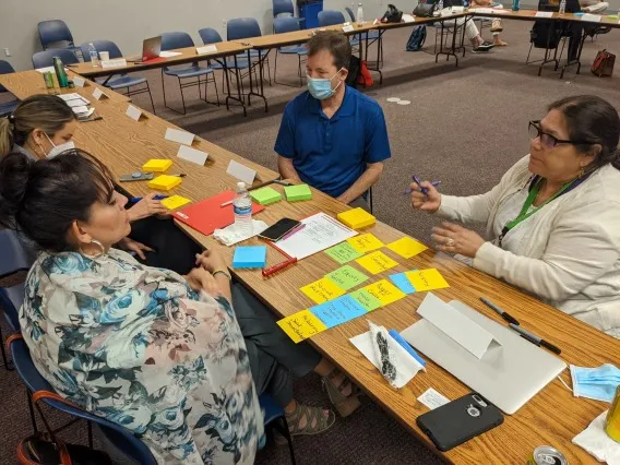 four people gathered on two sides of a table covered in slips of paper