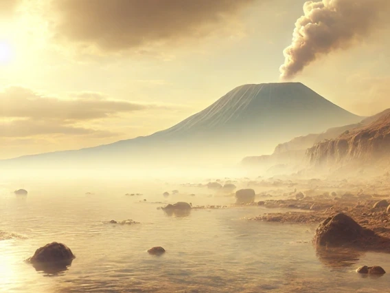 In this AI-generated illustration of Earth at the dawn of life, a distant volcano towers over a barren, shallow ocean shore. It is possible the earliest life forms evolved in such environments. 