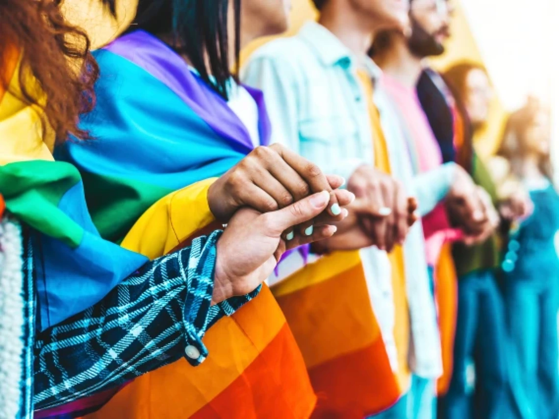 A group of diverse individuals standing side by side, holding hands in solidarity. Many of them are draped in rainbow flags, symbolizing LGBTQ+ pride. The image focuses on their joined hands, emphasizing unity, while their faces are blurred in the background. The scene is bright, colorful, and filled with a sense of community.