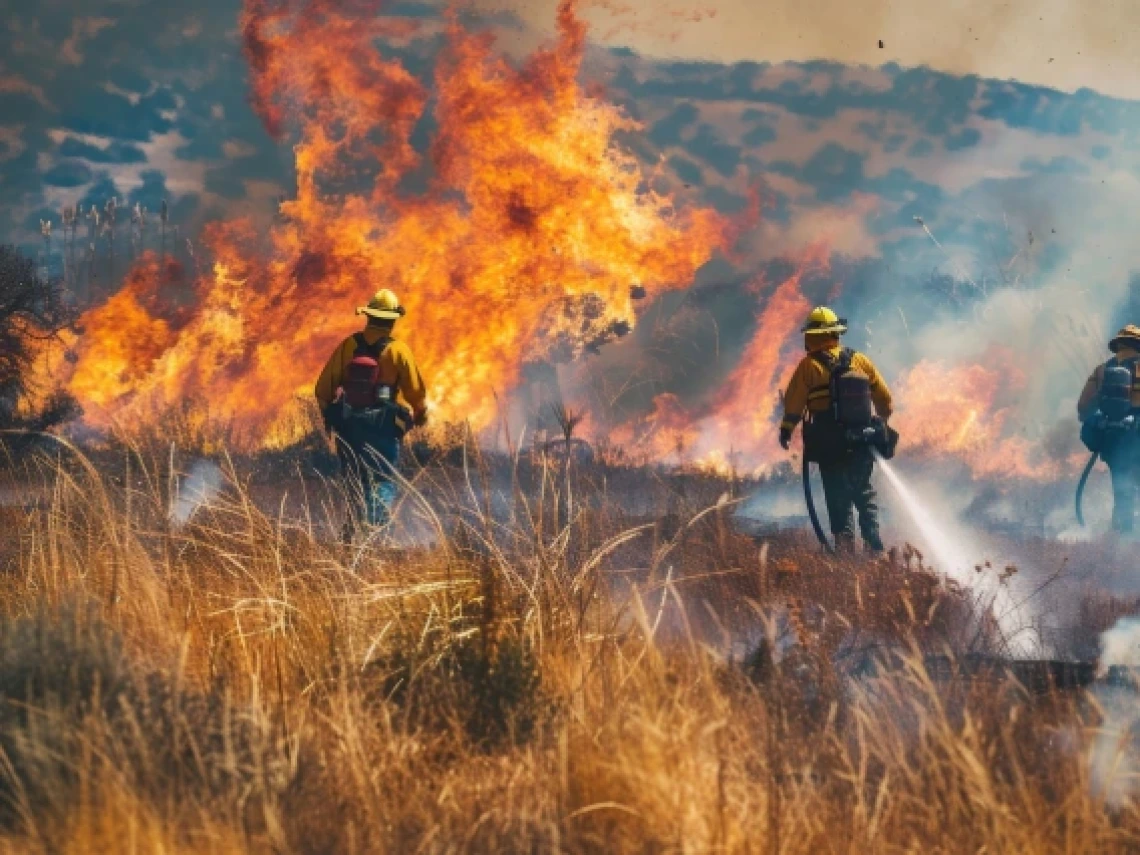 firefighters battling a wildland fire in the middle of a hilly grassland area